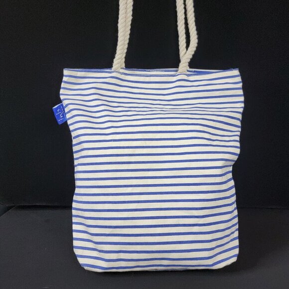 Inis Nautical Striped Canvas Tote Bag Blue White Rope Handles 15x17 - Picture 2 of 10